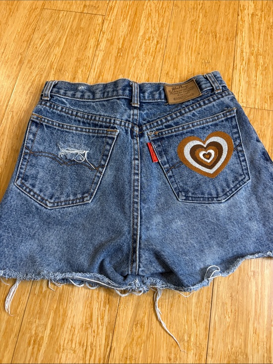 Vintage Pants - Miss Selfridge Vintage Vibe Blue Distressed Denim Heart Pocket Shorts Size 28